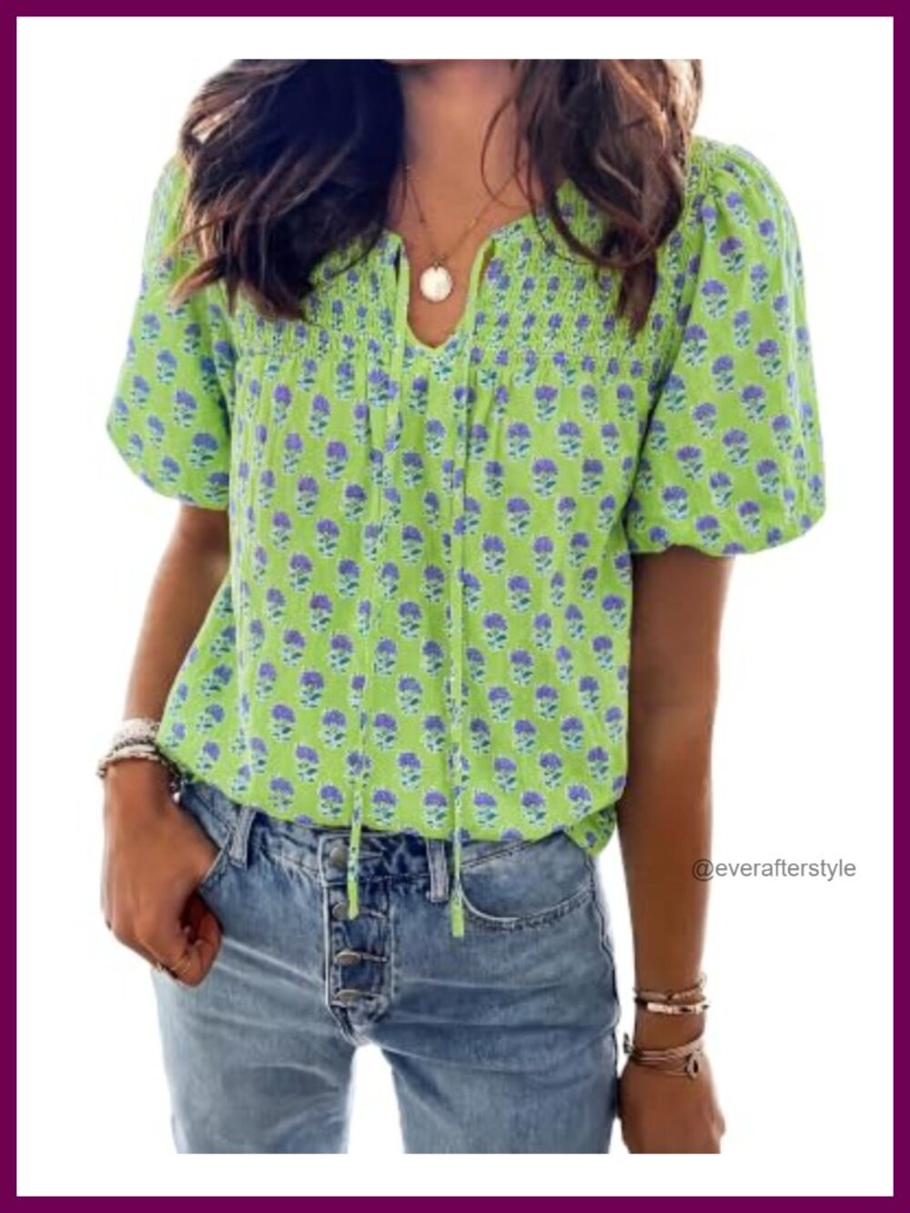 Womens Boho Floral Puff Sleeve V-Neck Blouse Peasant Top Drawstring
